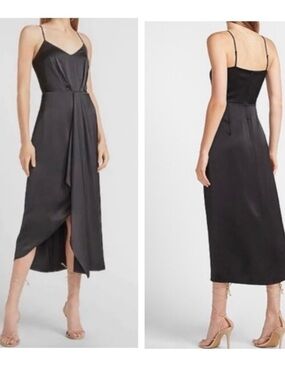 Express Black Satin Midi Wrap Slip Dress with Front Drape size Large NWT